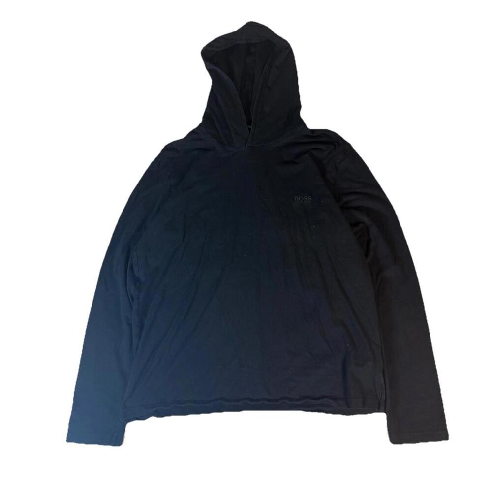 Hugo Boss Hoodie Men’s Large Pullover Lightweight Black Embossed Cotton